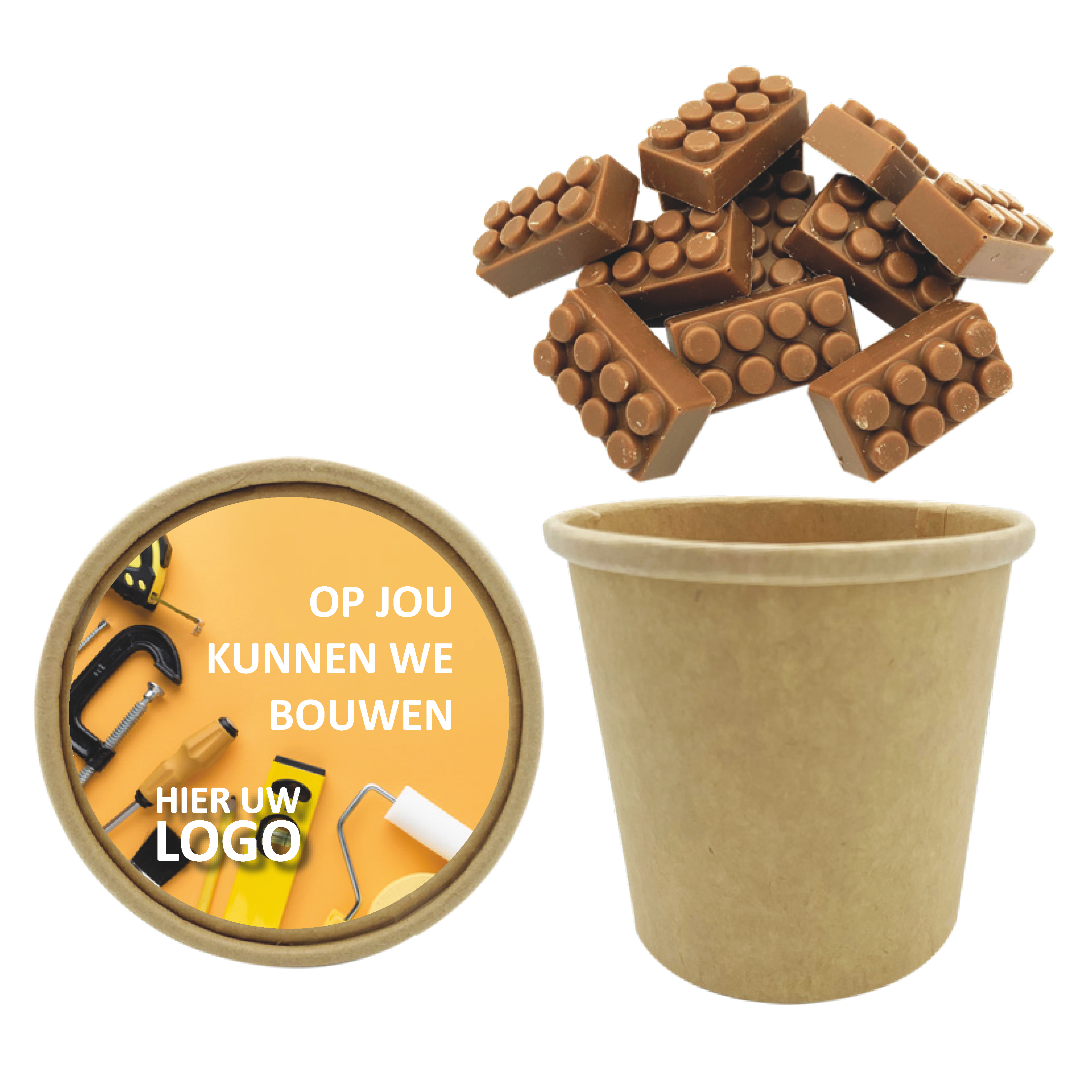 biobeker chocolade bouwblokjes, chocolade met een logo, legoblokje